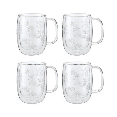 ZWILLING Sorrento Double Wall Glass Snowflake Coffee Mugs, Set Of 4, 12oz. Each