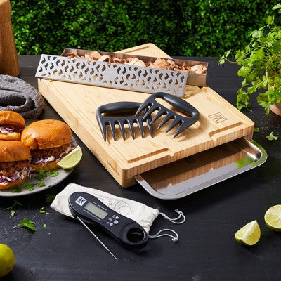 ZWILLING BBQ+ 4-pc Grill Smoker Set, Bamboo Cutting Board With Tray, Smoker Box, Digital Thermometer, Meat Claws